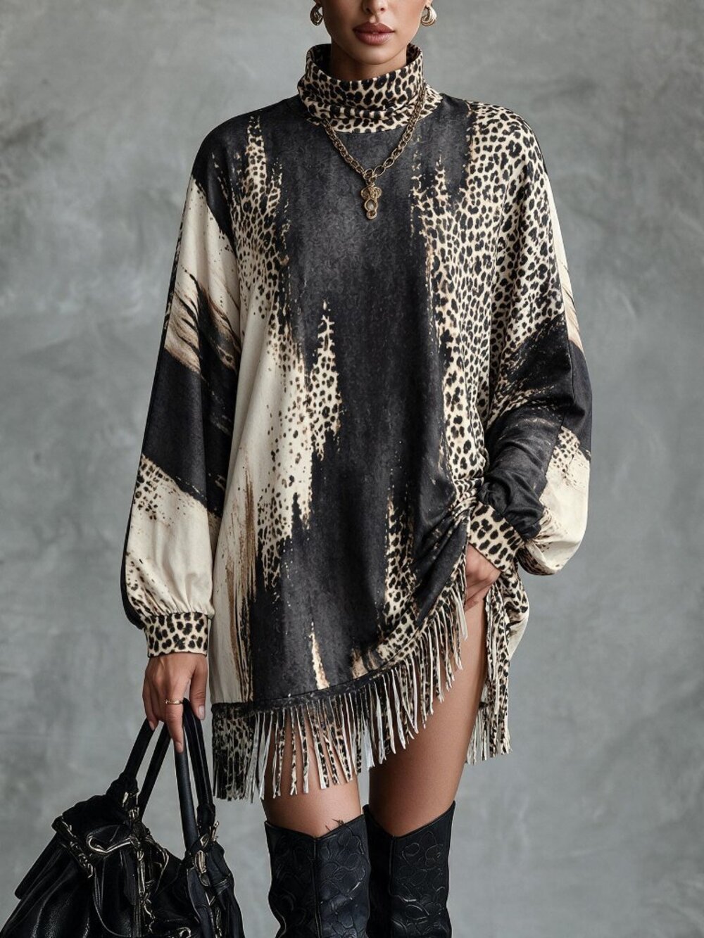 Multicolor Casual Women's Rib-Knit Fringe High Neck Loose Mini Tee